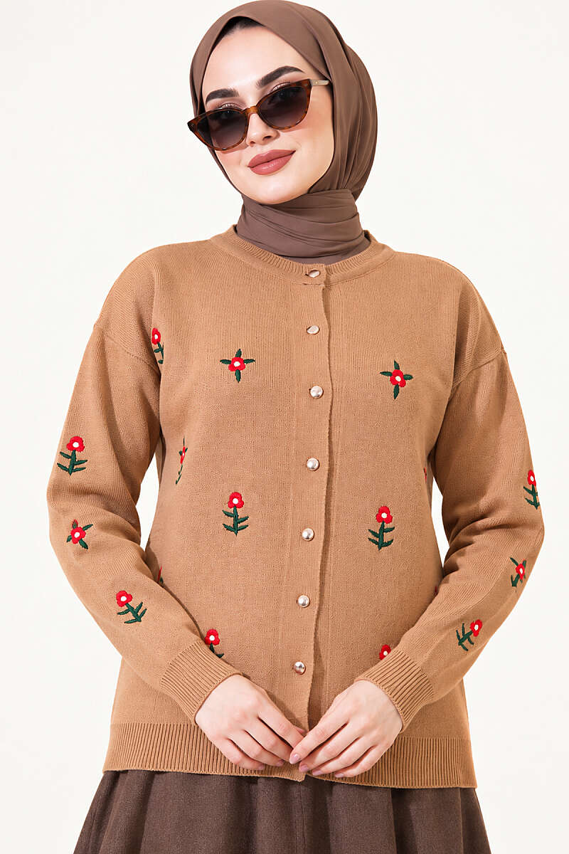 Floral Embroidered Knit Cardigan - Latte