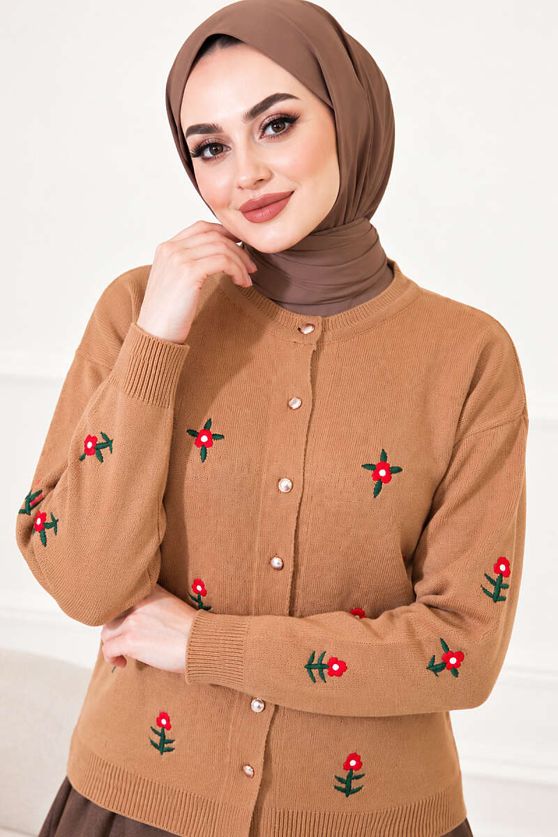 Floral Embroidered Knit Cardigan - Latte