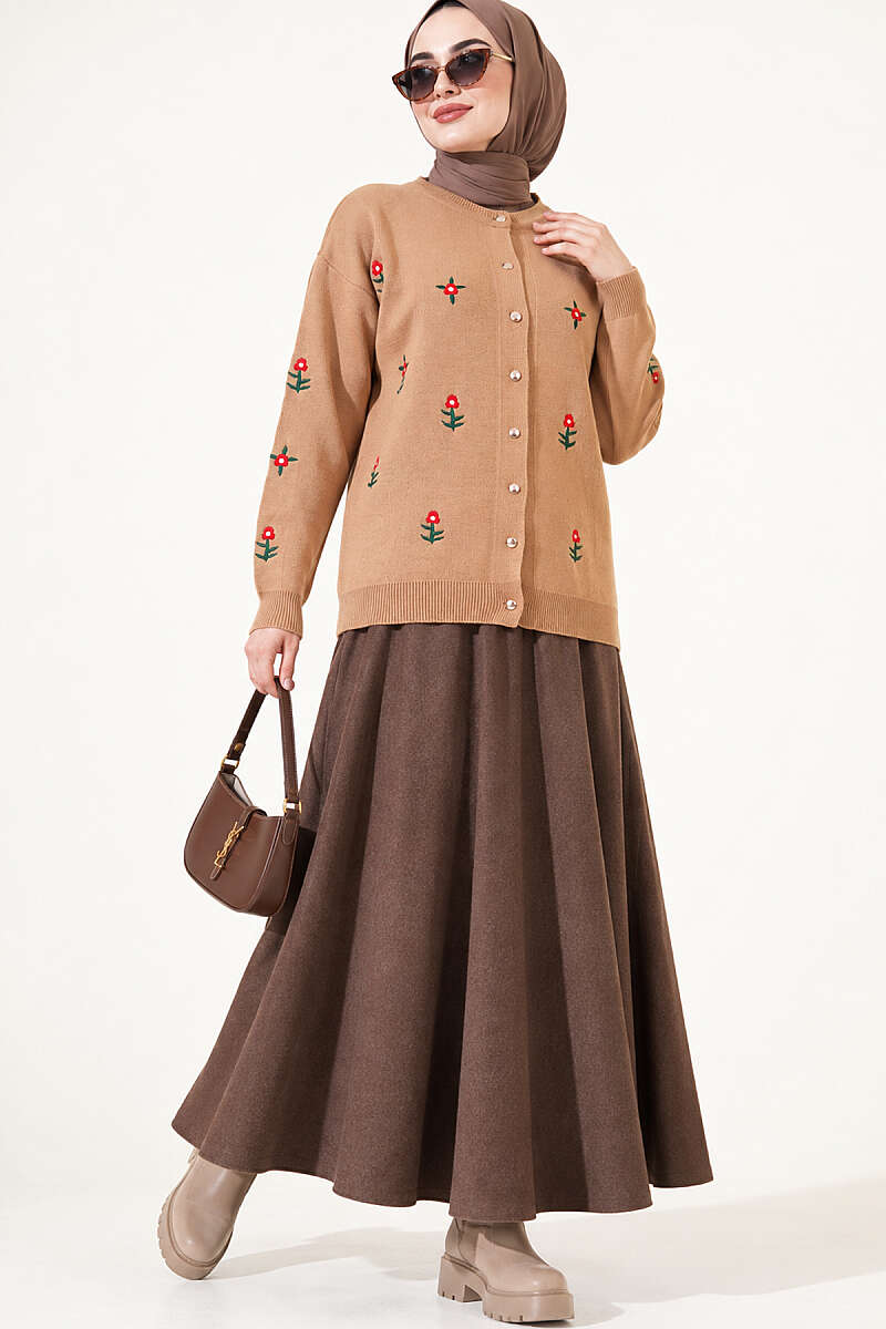 Floral Embroidered Knit Cardigan - Latte