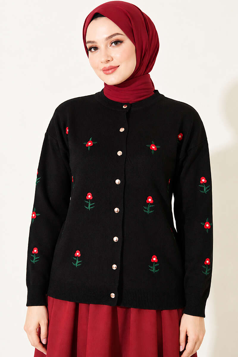 Floral Embroidered Knit Cardigan - Black