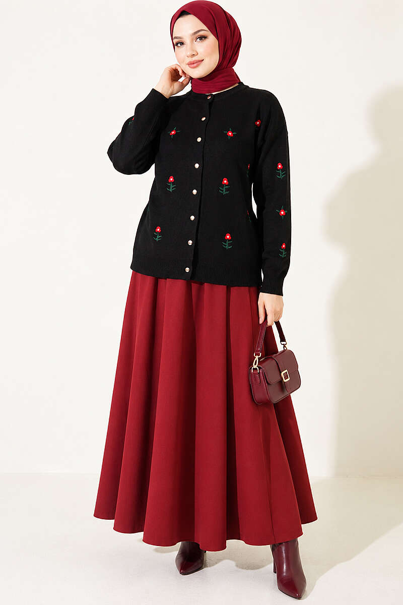 Floral Embroidered Knit Cardigan - Black