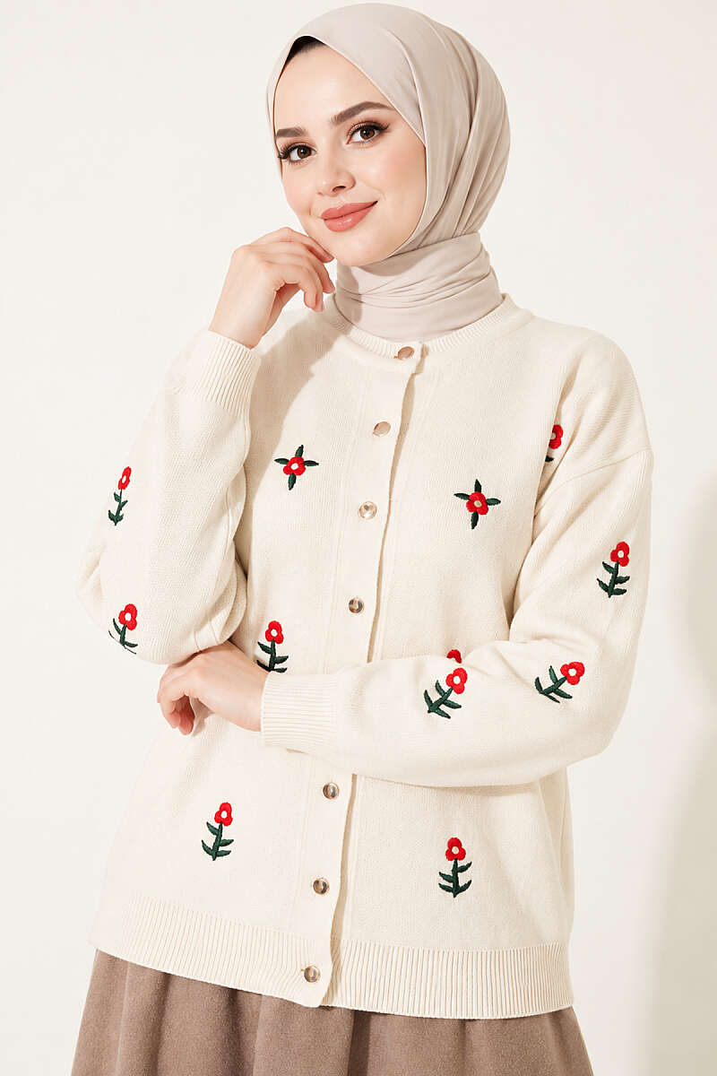 Floral Embroidered Knit Cardigan - Stone