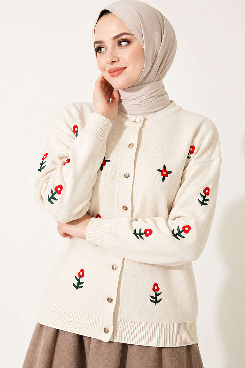 Floral Embroidered Knit Cardigan - Stone