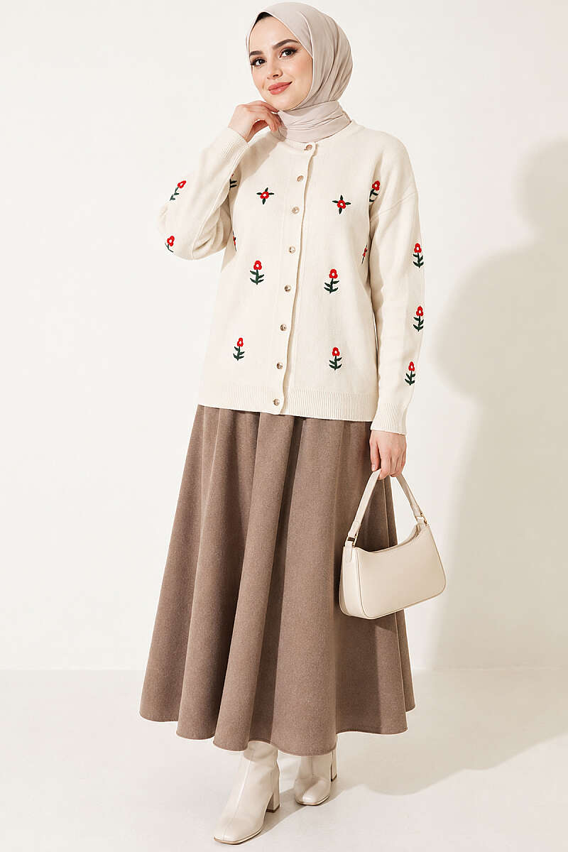 Floral Embroidered Knit Cardigan - Stone