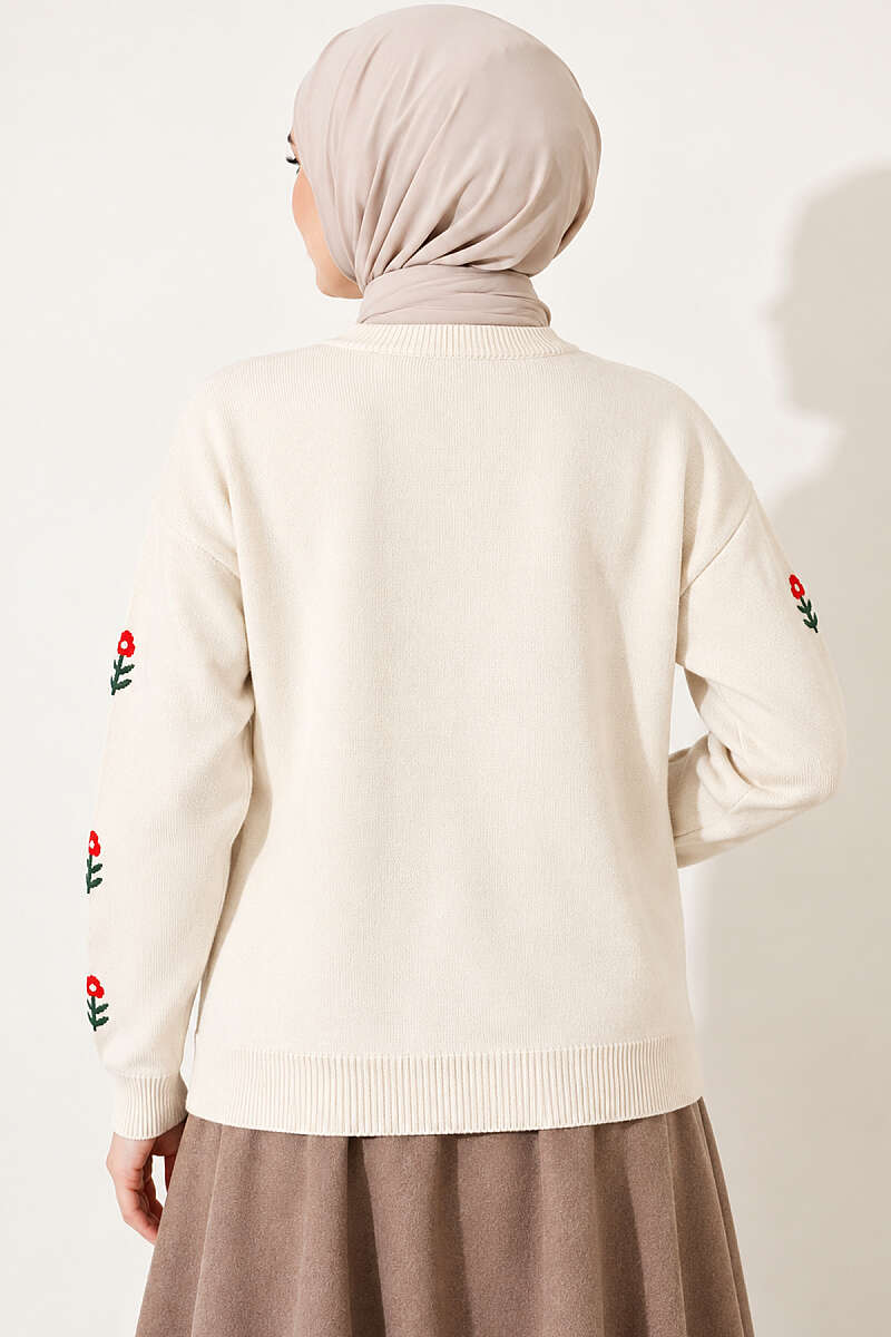 Floral Embroidered Knit Cardigan - Stone