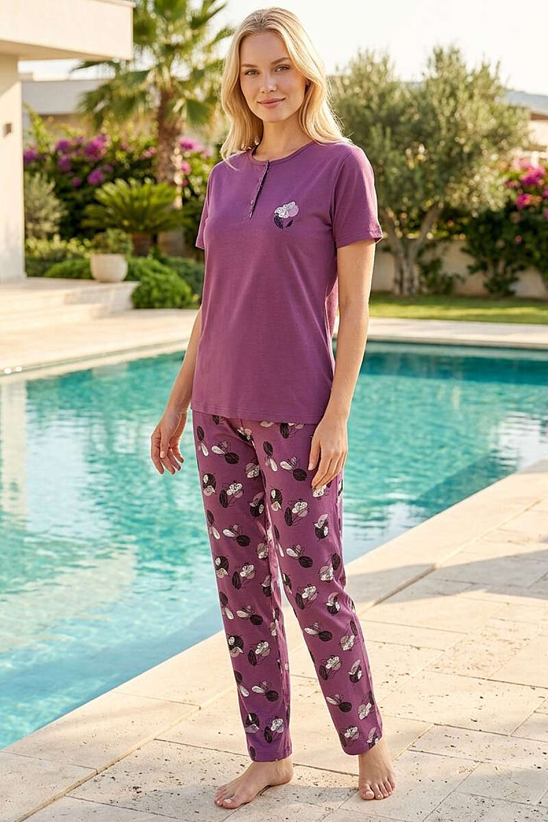 Floral Embroidered Button Short-Sleeve Pyjama Set - Magenta