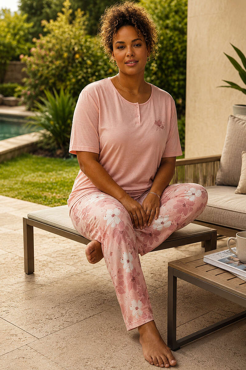 Plus-Size Floral Embroidered Short-Sleeve Pyjama Set - Peach