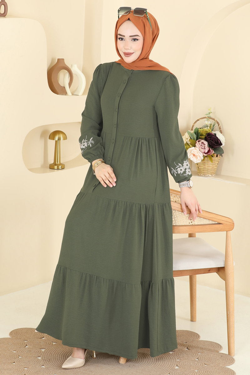 Floral Embroidered Aerobin Dress - Khaki