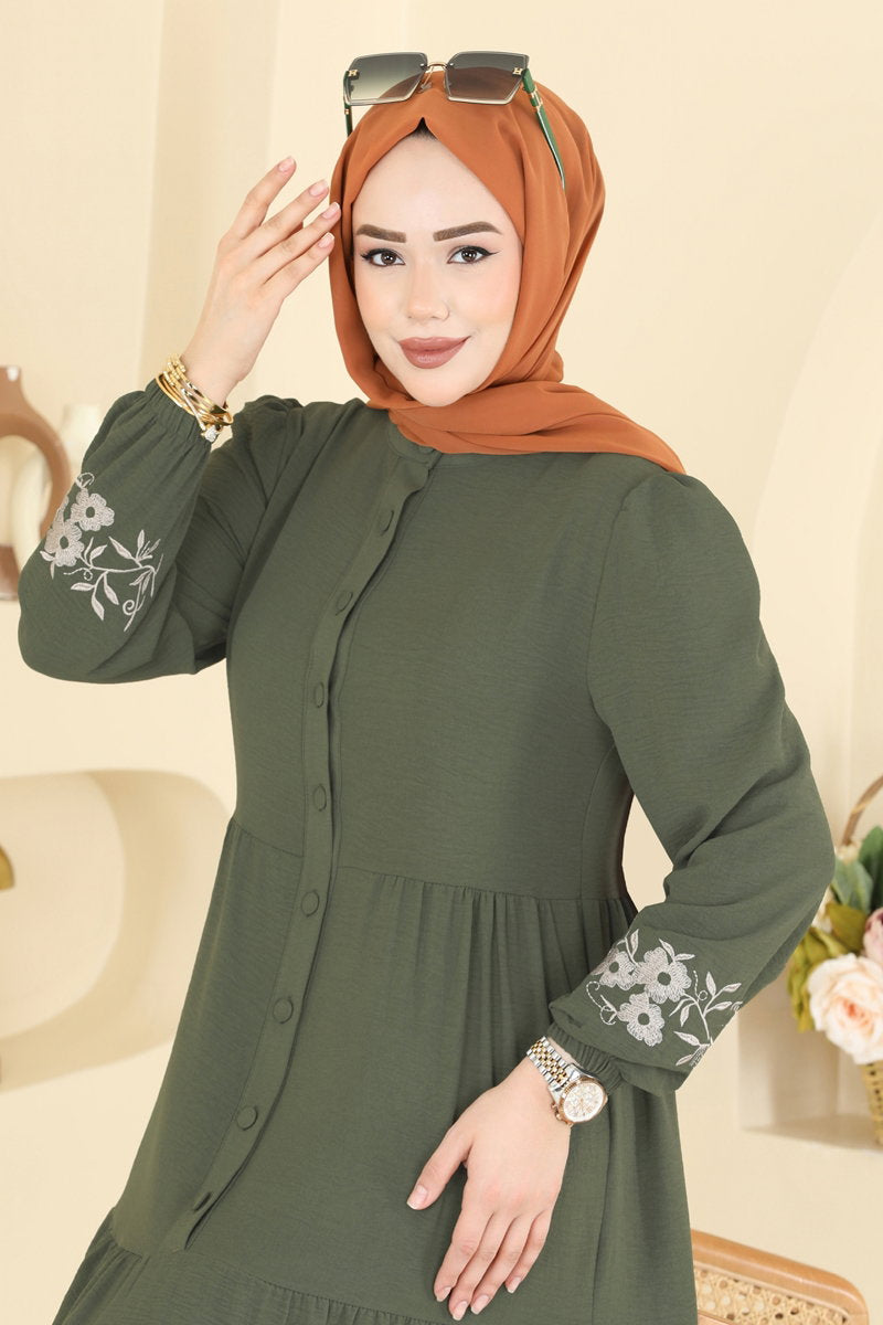 Floral Embroidered Aerobin Dress - Khaki