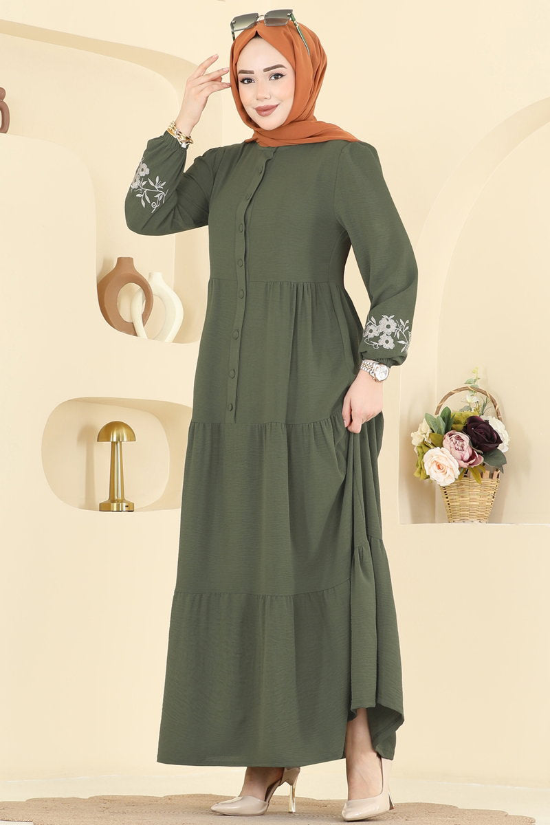 Floral Embroidered Aerobin Dress - Khaki