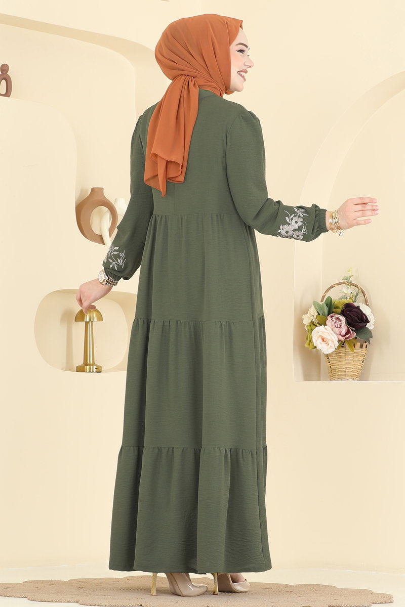 Floral Embroidered Aerobin Dress - Khaki