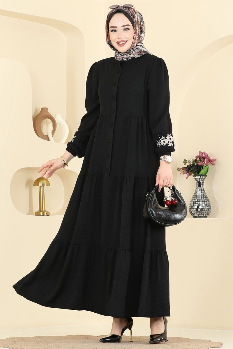 Floral Embroidered Aerobin Dress - Black