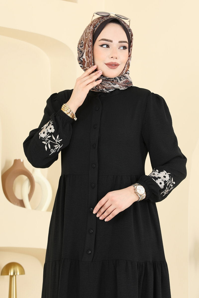 Floral Embroidered Aerobin Dress - Black