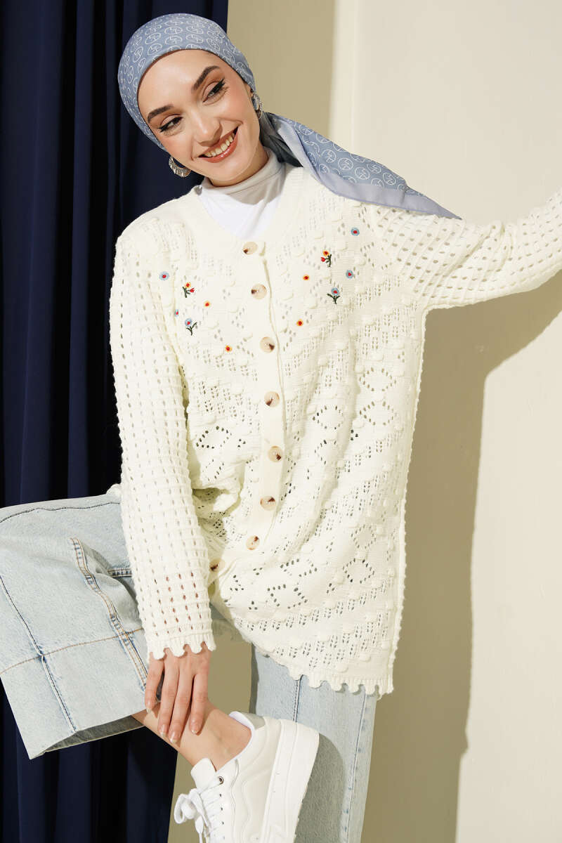 Floral-Embroidered Pointelle Knit Cardigan - Ecru