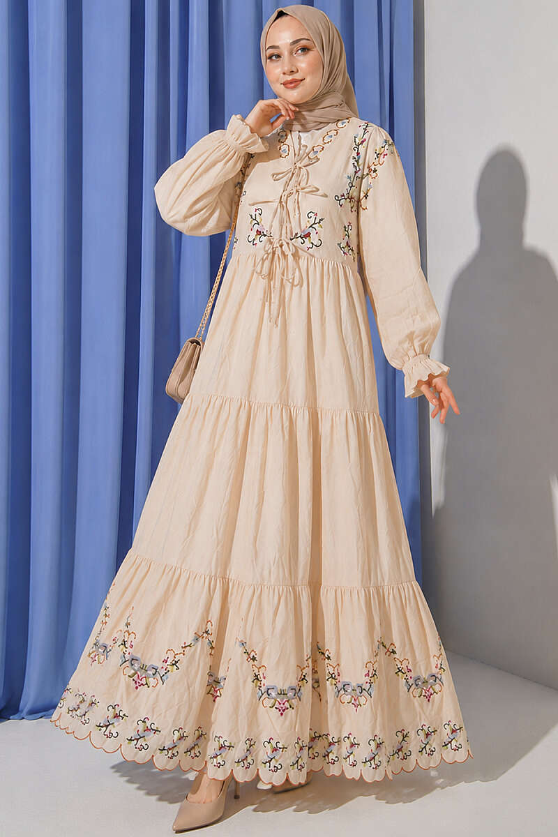 Floral Embroidered Dress with Elastic Cuffs - Beige