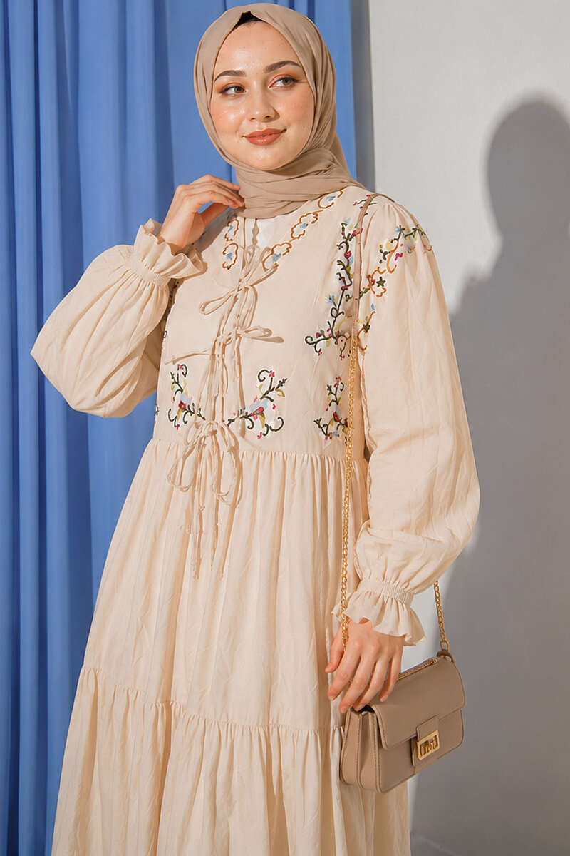 Floral Embroidered Dress with Elastic Cuffs - Beige