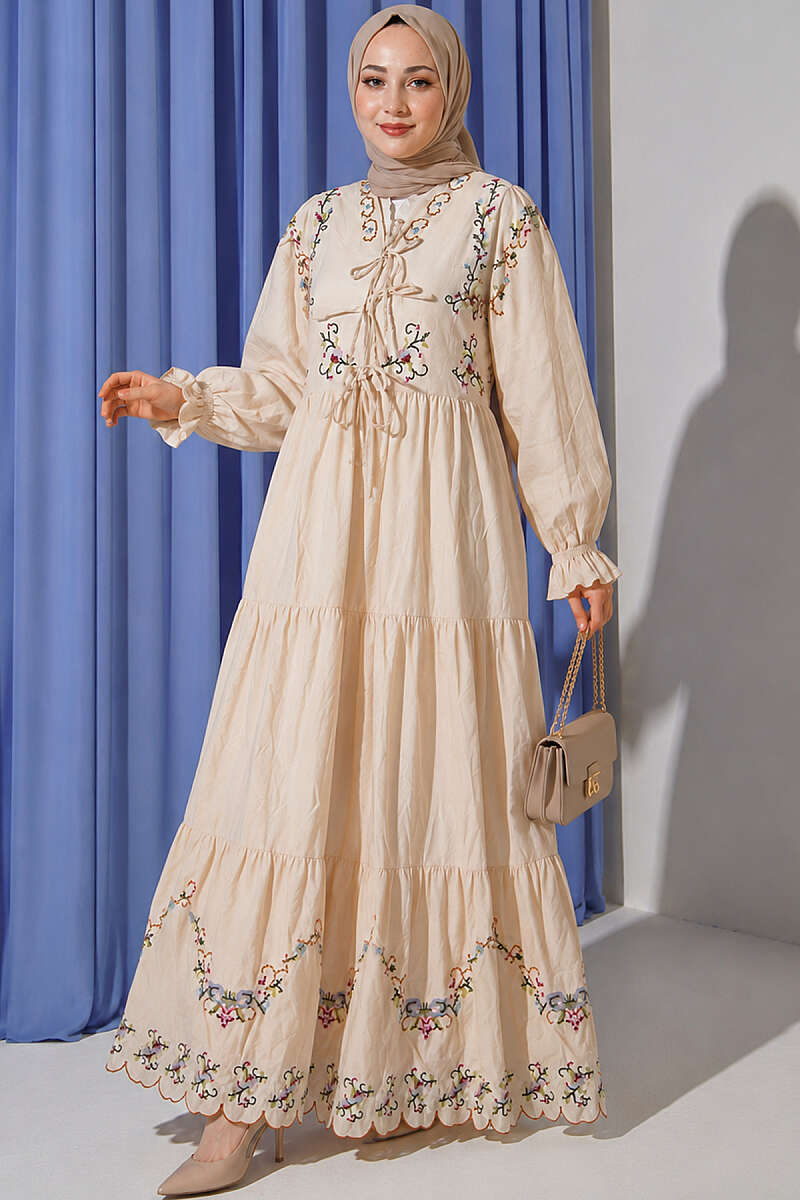 Floral Embroidered Dress with Elastic Cuffs - Beige