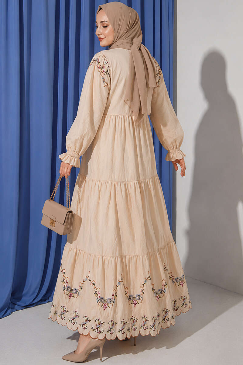 Floral Embroidered Dress with Elastic Cuffs - Beige