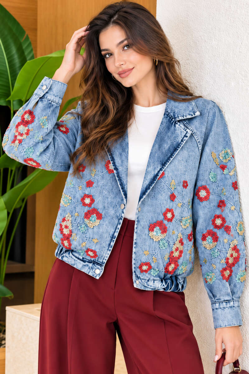 Floral Embroidered Bomber Jacket - Denim Blue