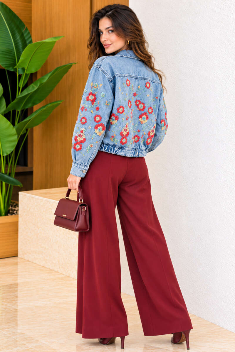 Floral Embroidered Bomber Jacket - Denim Blue