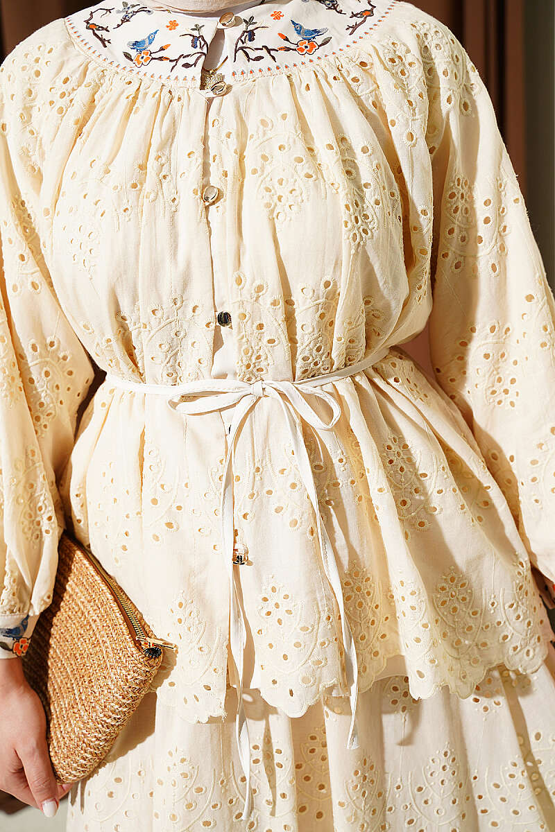 Floral Embroidered Broderie Two-Piece Skirt Set - Beige
