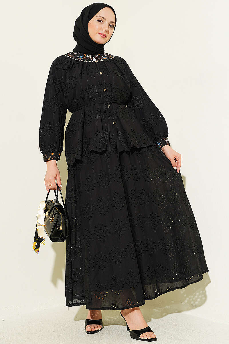 Floral Embroidered Broderie Two-Piece Skirt Set - Black