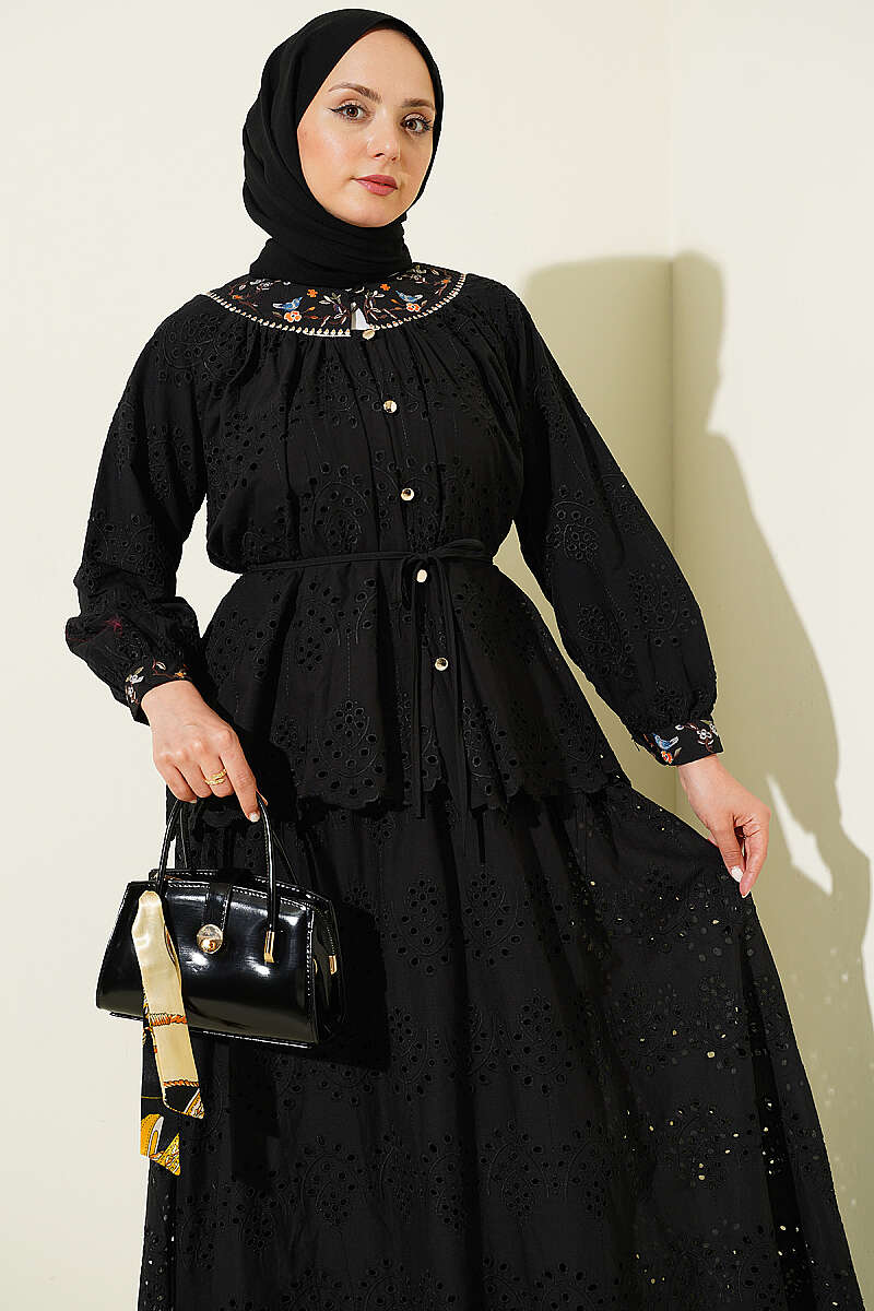 Floral Embroidered Broderie Two-Piece Skirt Set - Black