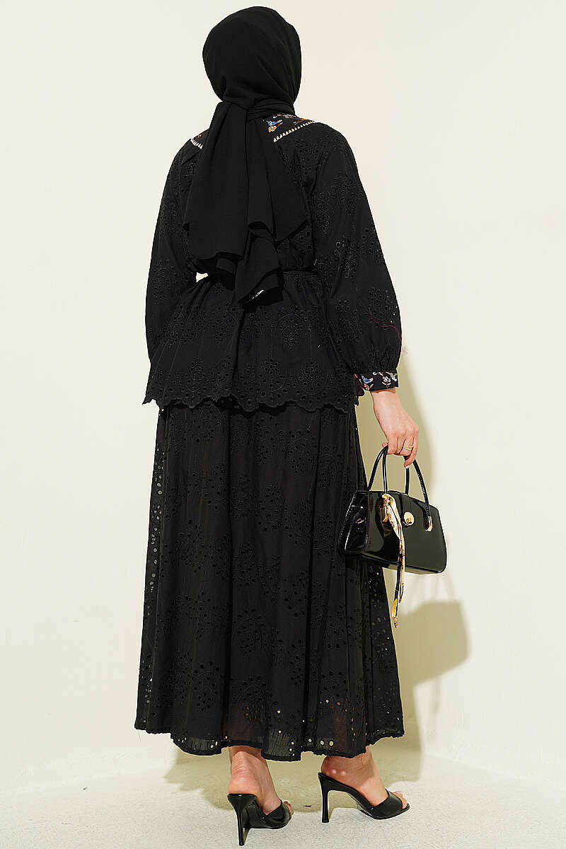 Floral Embroidered Broderie Two-Piece Skirt Set - Black