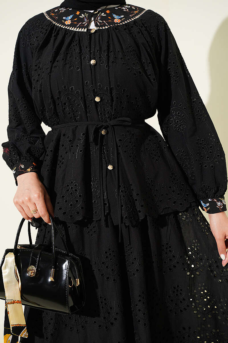 Floral Embroidered Broderie Two-Piece Skirt Set - Black