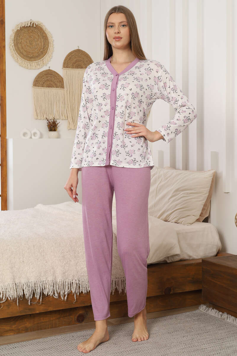 Floral Embroidered Button Pyjama Set - Lilac