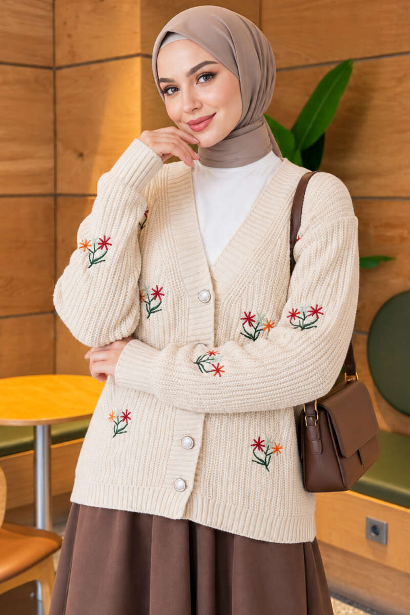 Floral Embroidered Button Knit Cardigan - Beige