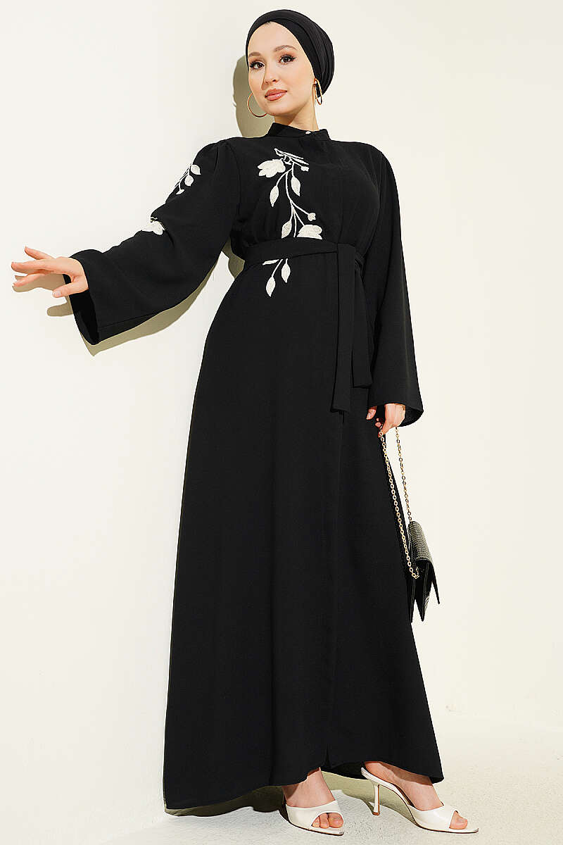 Floral Embroidered Ferace with Concealed Buttons - Black