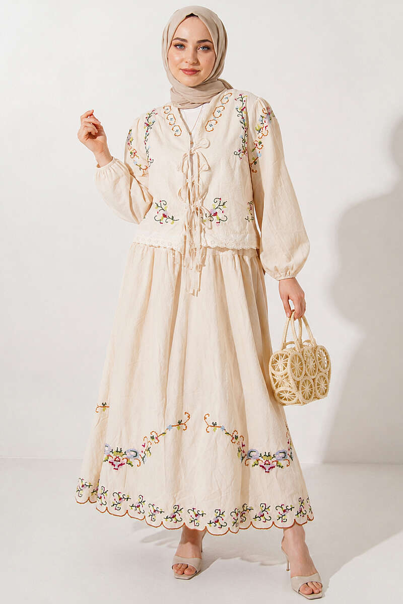 Floral Embroidered Linen Skirt Set - Beige