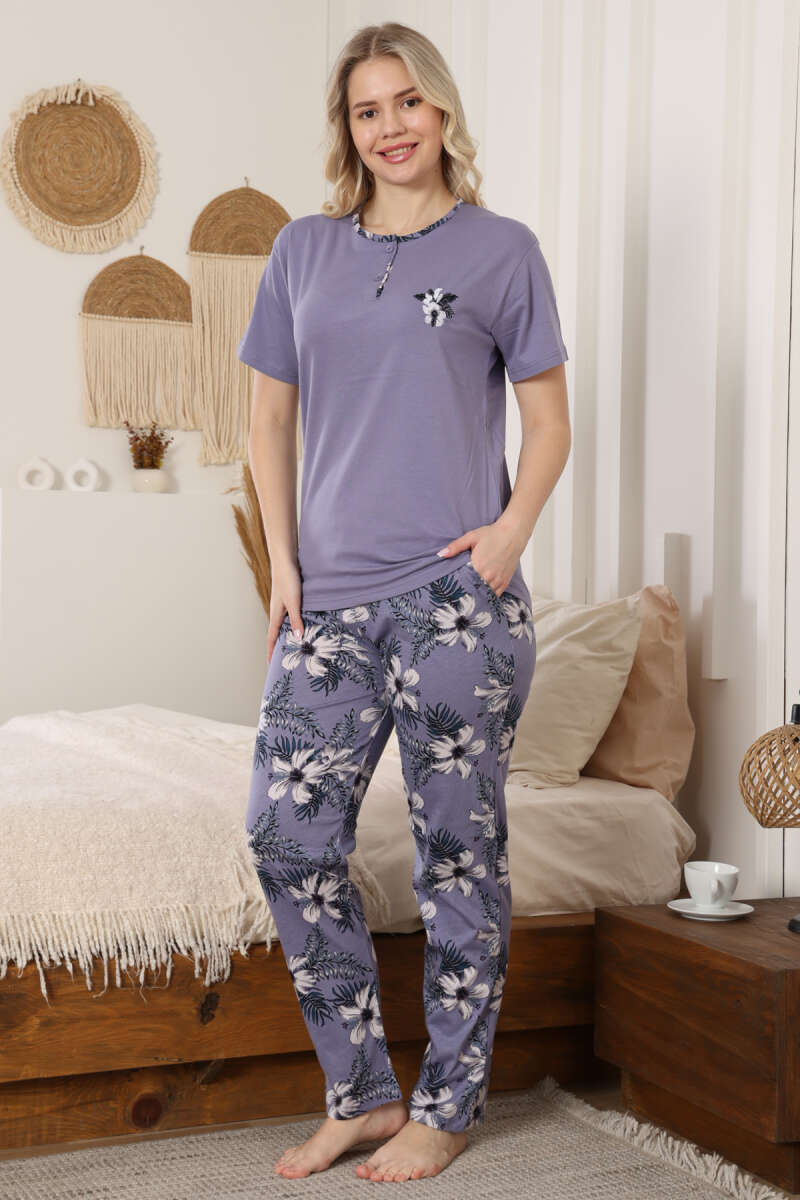 Floral Embroidered Short-Sleeve Pyjama Set - Lilac