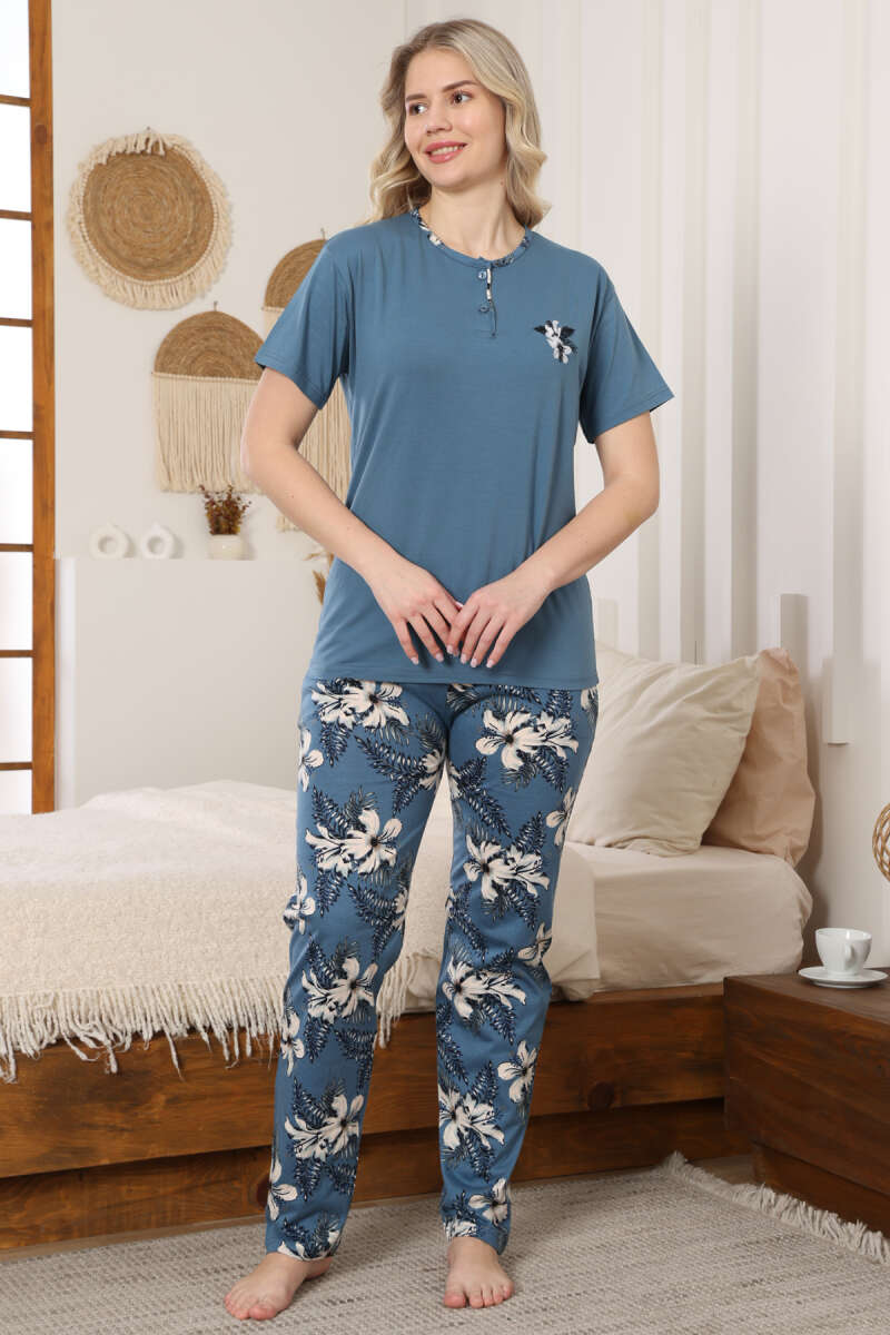 Floral Embroidered Short-Sleeve Pyjama Set - Teal