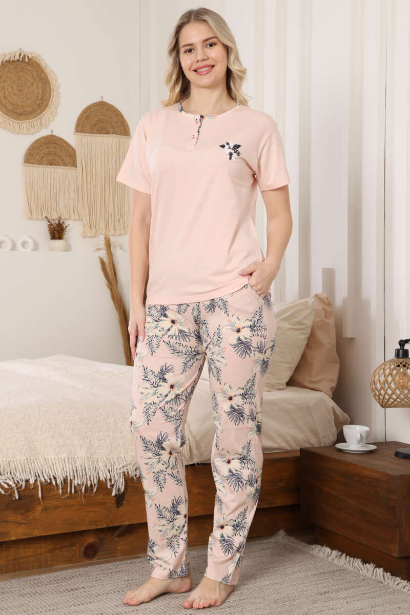 Floral Embroidered Short-Sleeve Pyjama Set - Peach