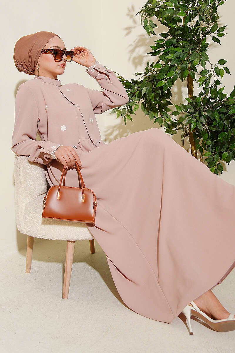 Floral Embroidered Cape Dress - Beige