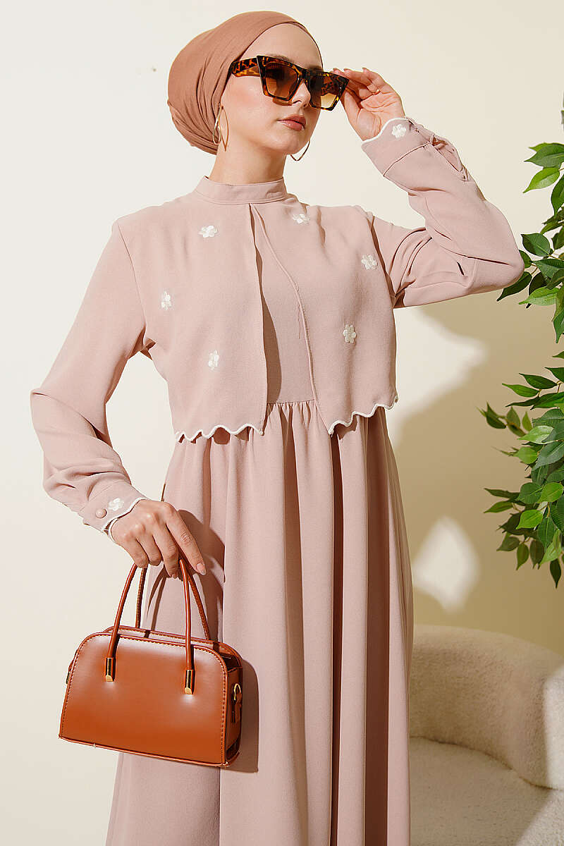 Floral Embroidered Cape Dress - Beige