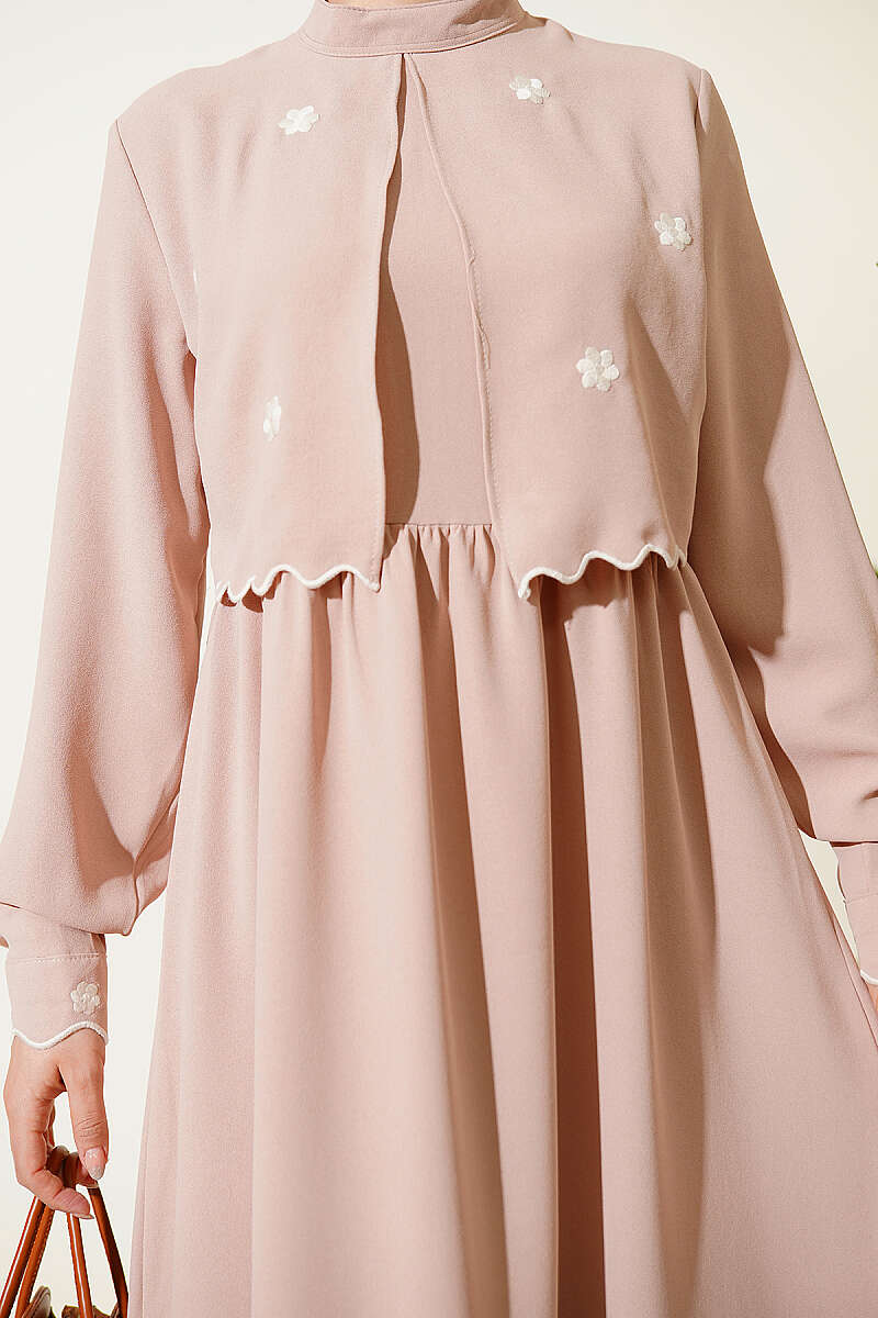 Floral Embroidered Cape Dress - Beige