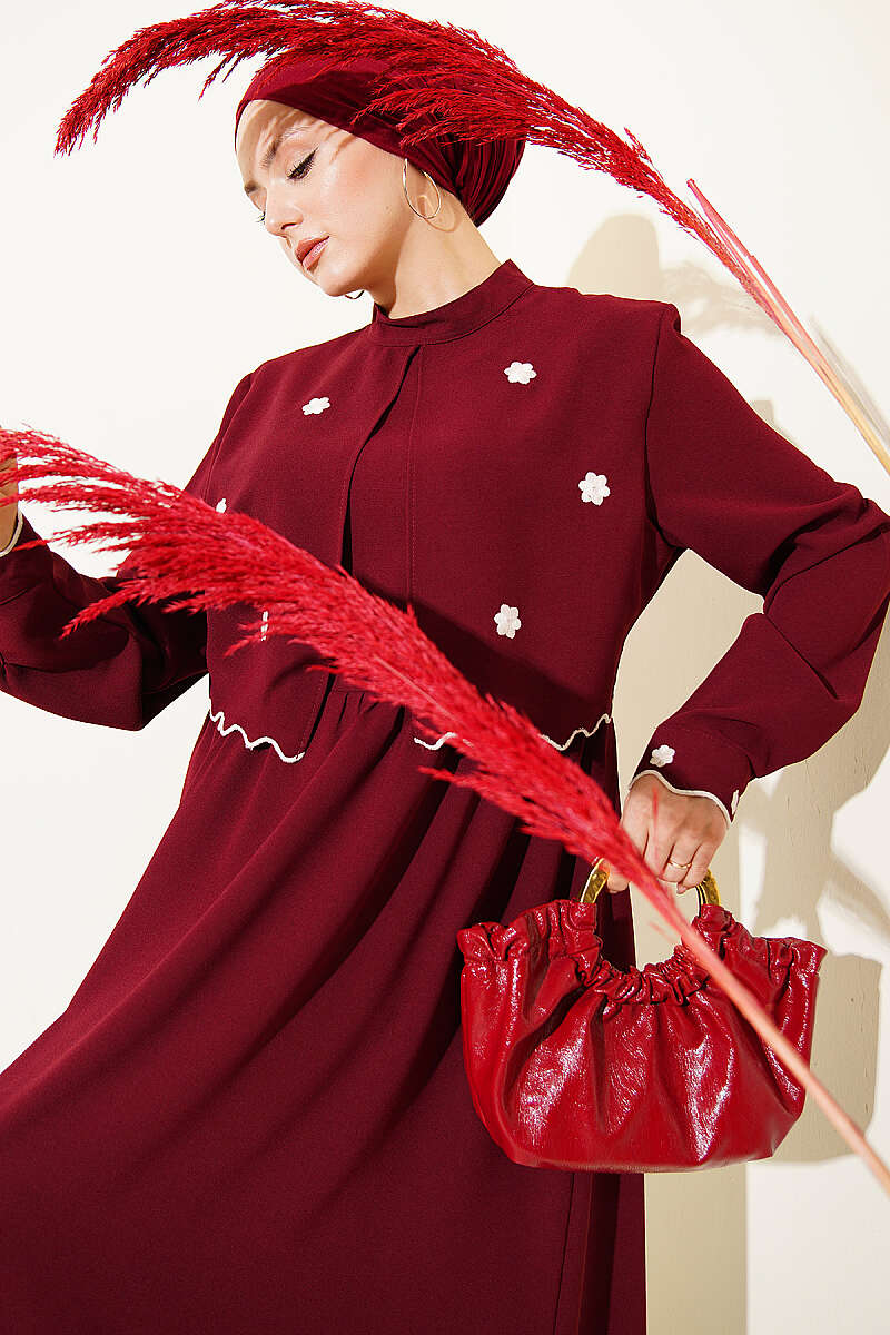 Floral Embroidered Cape Dress - Burgundy