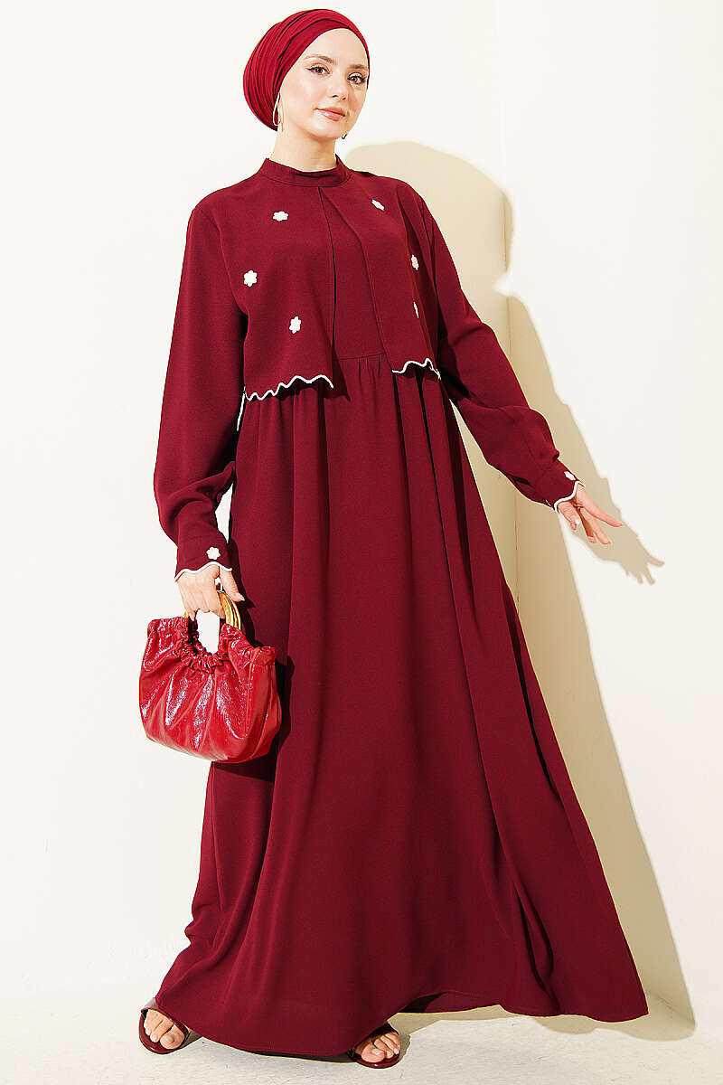 Floral Embroidered Cape Dress - Burgundy