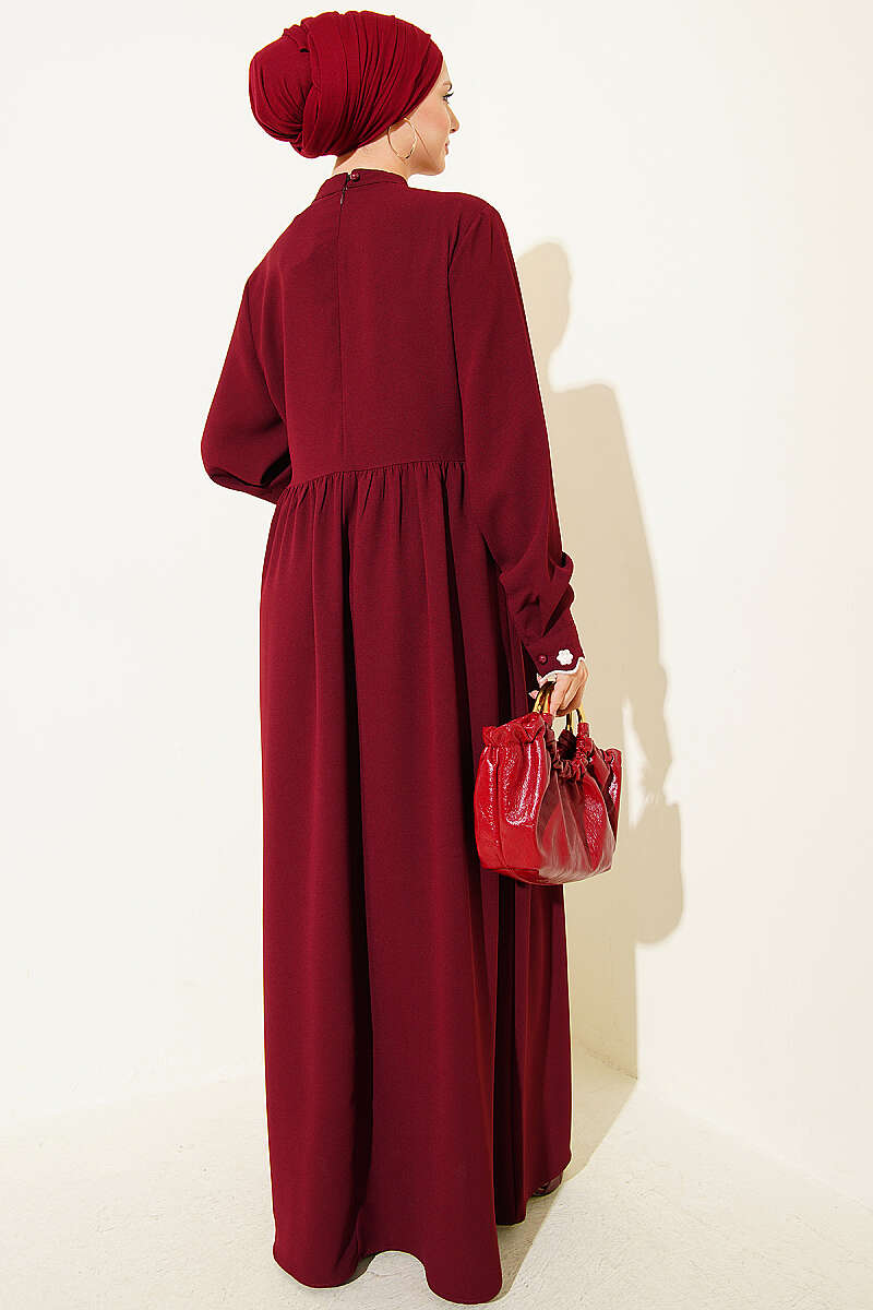 Floral Embroidered Cape Dress - Burgundy