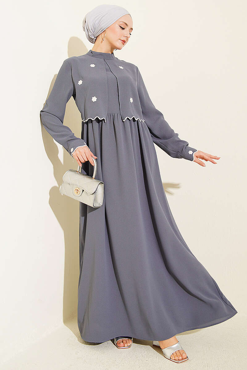 Floral Embroidered Cape Dress - Grey