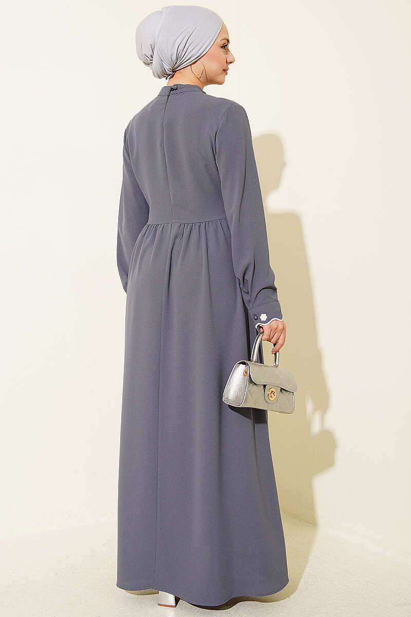 Floral Embroidered Cape Dress - Grey