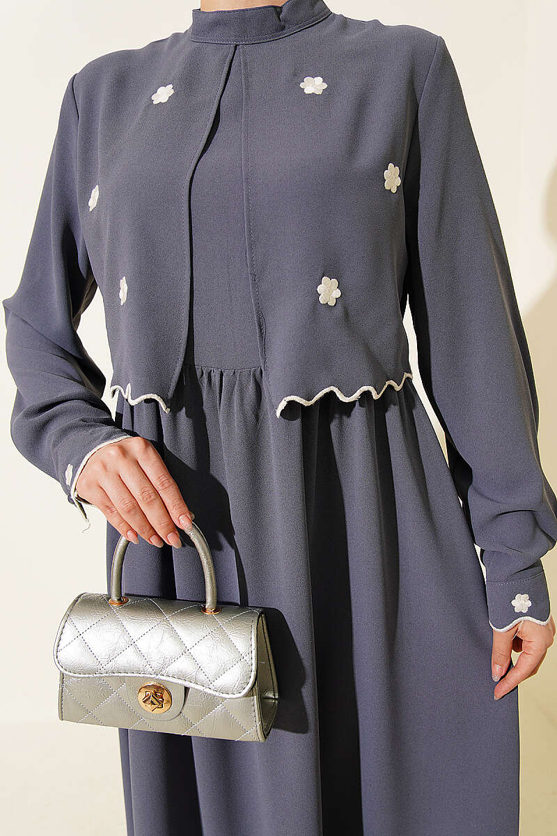 Floral Embroidered Cape Dress - Grey