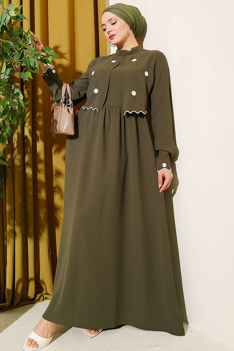 Floral Embroidered Cape Dress - Khaki