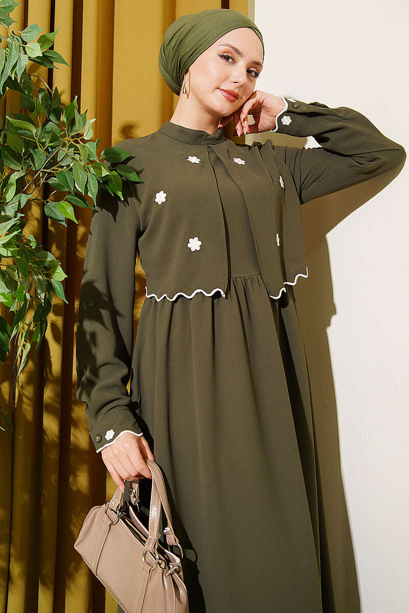 Floral Embroidered Cape Dress - Khaki