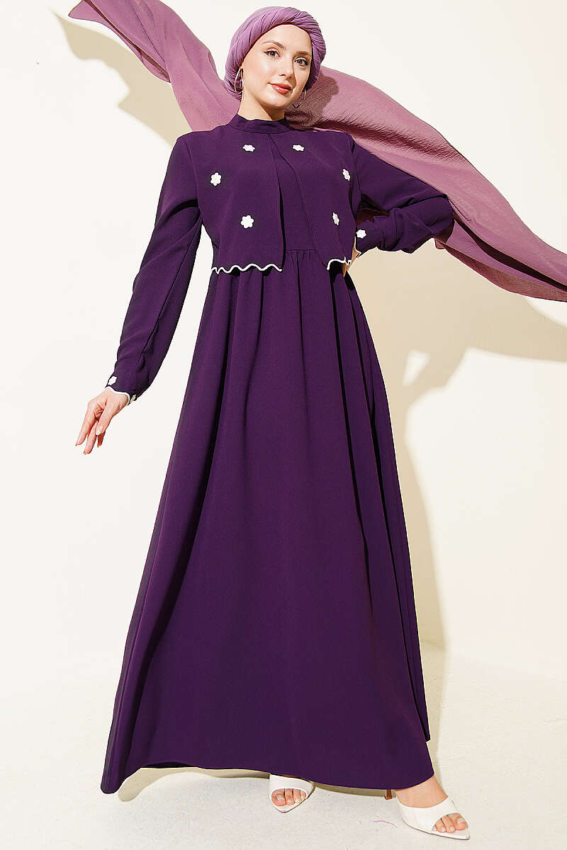 Floral Embroidered Cape Dress - Purple