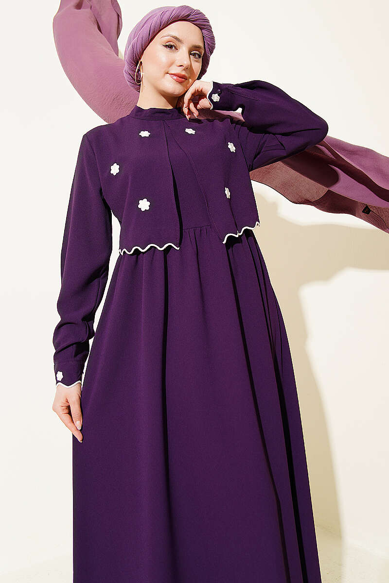 Floral Embroidered Cape Dress - Purple