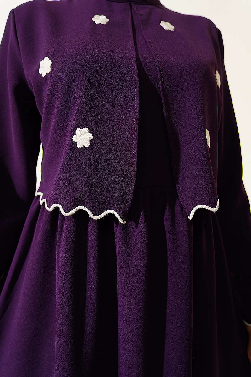 Floral Embroidered Cape Dress - Purple